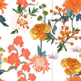 Modell för orange blomning för vår blom- sömlös för prydnadpapper för bakgrund geometrisk gammal tappning wallpaper stock illustrationer Modell för orange blomning för vår blom- sömlös för prydnadpapper för bakgrund geometrisk gammal tappning wallpaper stock illustrationer