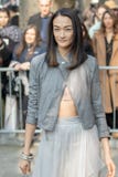 Modell trägt einen grauen Tulle-Rock und eine graue Lederjacke stockfoto Modell trägt einen grauen Tulle-Rock und eine graue Lederjacke stockfoto