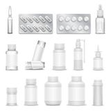 Modeller för vektor för förpacka för medicin för vit tomma farmaceutiskt Flaskor besprutar och droger stock illustrationer Modeller för vektor för förpacka för medicin för vit tomma farmaceutiskt Flaskor besprutar och droger stock illustrationer