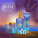 Modello cosmetico di estate sulla spiaggia di tramonto con il fondo esotico delle foglie di palma Progettazione realistica 3D illustrazione vettoriale Modello cosmetico di estate sulla spiaggia di tramonto con il fondo esotico delle foglie di palma Progettazione realistica 3D illustrazione vettoriale
