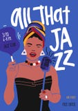Modello dell'aletta di filatoio o del manifesto per la prestazione di musica di jazz con il cantante femminile afroamericano, il illustrazione vettoriale Modello dell'aletta di filatoio o del manifesto per la prestazione di musica di jazz con il cantante femminile afroamericano, il illustrazione vettoriale