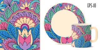 Modello floreale di zen variopinto con la mandala e loto per i piatti illustrazione vettoriale Modello floreale di zen variopinto con la mandala e loto per i piatti illustrazione vettoriale