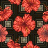 Modello geometrico senza cuciture di vettore con i fiori rossi luminosi dell'ibisco su fondo nero royalty illustrazione gratis Modello geometrico senza cuciture di vettore con i fiori rossi luminosi dell'ibisco su fondo nero royalty illustrazione gratis