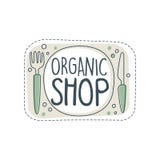 Modello organico di logo del negozio, etichetta per gli alimentari sani, negozio del vegano, caffè vegetariano, società di ecolog royalty illustrazione gratis Modello organico di logo del negozio, etichetta per gli alimentari sani, negozio del vegano, caffè vegetariano, società di ecolog royalty illustrazione gratis