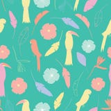 Modello senza cuciture con gli uccelli ed i fiori variopinti tropicali in giallo, arancio, porpora, bianco, rosa con un backgro d illustrazione di stock Modello senza cuciture con gli uccelli ed i fiori variopinti tropicali in giallo, arancio, porpora, bianco, rosa con un backgro d illustrazione di stock