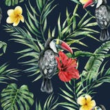 Modello senza cuciture dei tucani dell'acquerello e dei fiori tropicali Uccello dipinto a mano, foglie, ibisco, plumeria isolato royalty illustrazione gratis Modello senza cuciture dei tucani dell'acquerello e dei fiori tropicali Uccello dipinto a mano, foglie, ibisco, plumeria isolato royalty illustrazione gratis