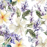 Modello senza cuciture dell'acquerello con i fiori e la lavanda dell'ibisco illustrazione vettoriale Modello senza cuciture dell'acquerello con i fiori e la lavanda dell'ibisco illustrazione vettoriale