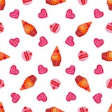 Modello senza cuciture dell'acquerello con il bigné, i maccheroni e gli innamorati dipinti a mano dell'acquerello Acquerello dise royalty illustrazione gratis Modello senza cuciture dell'acquerello con il bigné, i maccheroni e gli innamorati dipinti a mano dell'acquerello Acquerello dise royalty illustrazione gratis