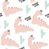 Modello senza cuciture della ragazza del dinosauro nello stile scandinavo illustrazione chldish per la maglietta, modo dei bambin illustrazione di stock Modello senza cuciture della ragazza del dinosauro nello stile scandinavo illustrazione chldish per la maglietta, modo dei bambin illustrazione di stock
