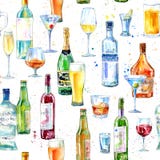 Modello senza cuciture di un champagne, di una vodka, di un cognac, di un vino, di una birra e di un vetro illustrazione vettoriale Modello senza cuciture di un champagne, di una vodka, di un cognac, di un vino, di una birra e di un vetro illustrazione vettoriale
