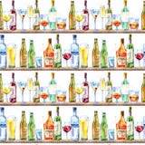 Modello senza cuciture di un champagne, di una vodka, di un cognac, di un vino, di una birra e di un vetro illustrazione vettoriale Modello senza cuciture di un champagne, di una vodka, di un cognac, di un vino, di una birra e di un vetro illustrazione vettoriale