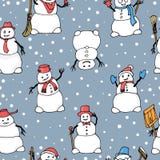 Modello senza cuciture di vettore con i pupazzi di neve svegli disegnati a mano royalty illustrazione gratis Modello senza cuciture di vettore con i pupazzi di neve svegli disegnati a mano royalty illustrazione gratis