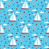 Modello senza cuciture di vettore sveglio marino con la barca a vela, stelle, nuvole, ancora, salvagente sui precedenti del mare royalty illustrazione gratis Modello senza cuciture di vettore sveglio marino con la barca a vela, stelle, nuvole, ancora, salvagente sui precedenti del mare royalty illustrazione gratis