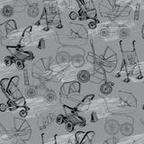 Modello senza cuciture disegnato a mano delle carrozzine, dei carrelli e dello strolle del bambino royalty illustrazione gratis Modello senza cuciture disegnato a mano delle carrozzine, dei carrelli e dello strolle del bambino royalty illustrazione gratis