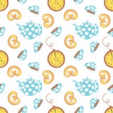 Modello senza cuciture a mano stato in infusione sketh semplice di tempo del tè nello stile del fumetto con l'orologio, tazza, br illustrazione vettoriale Modello senza cuciture a mano stato in infusione sketh semplice di tempo del tè nello stile del fumetto con l'orologio, tazza, br illustrazione vettoriale