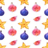 Modello senza cuciture minimalista dipinto a mano di frutti con il fico e la carambola dell'acquerello illustrazione vettoriale Modello senza cuciture minimalista dipinto a mano di frutti con il fico e la carambola dell'acquerello illustrazione vettoriale