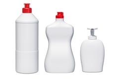 Modellplast-flaskor Tvättmedel lokalvårdprodukter 3d framför stock illustrationer Modellplast-flaskor Tvättmedel lokalvårdprodukter 3d framför stock illustrationer