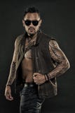 Modelo da tatuagem com a barba na cara n?o barbeado Homem Tattooed com seis blocos e ab Homem farpado com tatuagem na caixa e nos imagens de stock Modelo da tatuagem com a barba na cara n?o barbeado Homem Tattooed com seis blocos e ab Homem farpado com tatuagem na caixa e nos imagens de stock