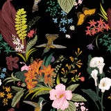 Modelo floral de la vendimia inconsútil del vector Flores y pájaros exóticos stock de ilustración Modelo floral de la vendimia inconsútil del vector Flores y pájaros exóticos stock de ilustración