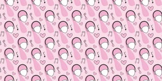 Modelo incons?til Cabezas de mujeres en los auriculares, notas musicales, corazones en un fondo rosado libre illustration Modelo incons?til Cabezas de mujeres en los auriculares, notas musicales, corazones en un fondo rosado libre illustration