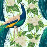 Modelo inconsútil con el pavo real, las flores y las hojas ilustración del vector Modelo inconsútil con el pavo real, las flores y las hojas ilustración del vector