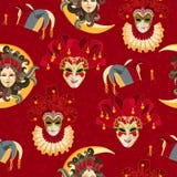 Modelo inconsútil con la máscara colorida veneciana del carnaval en fondo tradicional stock de ilustración Modelo inconsútil con la máscara colorida veneciana del carnaval en fondo tradicional stock de ilustración