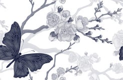 Modelo inconsútil con la rama de la mariposa y de la cereza ilustración del vector Modelo inconsútil con la rama de la mariposa y de la cereza ilustración del vector