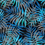 Modelo inconsútil con las hojas de palma tropicales azules y grises en oscuridad ilustración del vector Modelo inconsútil con las hojas de palma tropicales azules y grises en oscuridad ilustración del vector