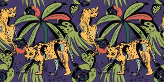 Modelo inconsútil con los leopardos y las hojas tropicales Imagenes de archivo Modelo inconsútil con los leopardos y las hojas tropicales Imagenes de archivo