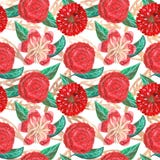 Modelo inconsútil de flores tropicales del aguazo y mexicanas ornamentales rojas y de hojas verdes con los elementos de oro stock de ilustración Modelo inconsútil de flores tropicales del aguazo y mexicanas ornamentales rojas y de hojas verdes con los elementos de oro stock de ilustración