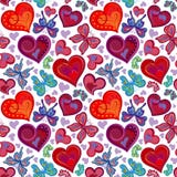 Modelo inconsútil de la tarjeta del día de San Valentín con las mariposas rojas y azules coloridas del vintage, flores, corazones ilustración del vector Modelo inconsútil de la tarjeta del día de San Valentín con las mariposas rojas y azules coloridas del vintage, flores, corazones ilustración del vector