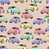 Modelo inconsútil del coche del vintage, fondo retro de la historieta Coches multicolores en el beige Para el diseño de papel pin Fotografía de archivo Modelo inconsútil del coche del vintage, fondo retro de la historieta Coches multicolores en el beige Para el diseño de papel pin Fotografía de archivo