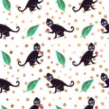 Modelo inconsútil del mono del negro de Frieda con las hojas verdes y los puntos de oro stock de ilustración Modelo inconsútil del mono del negro de Frieda con las hojas verdes y los puntos de oro stock de ilustración