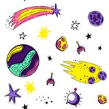 Modelo inconsútil del vector del color con los elementos del espacio Doodle el estilo Planetas, meteoritos, estrellas, cometas, c ilustración del vector Modelo inconsútil del vector del color con los elementos del espacio Doodle el estilo Planetas, meteoritos, estrellas, cometas, c ilustración del vector