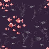 Modelo inconsútil del vector con los pescados rayados, rojos y blancos, plantas de mar ilustración del vector Modelo inconsútil del vector con los pescados rayados, rojos y blancos, plantas de mar ilustración del vector