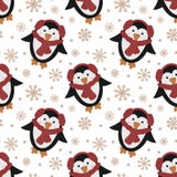 Modelo inconsútil por la Navidad y el Año Nuevo Ejemplo a mano del vector de un pingüino lindo en una bufanda roja y copos de nie fotografía de archivo libre de regalías Modelo inconsútil por la Navidad y el Año Nuevo Ejemplo a mano del vector de un pingüino lindo en una bufanda roja y copos de nie fotografía de archivo libre de regalías