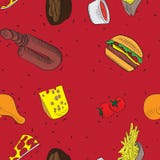 Modelos inconsútiles dibujados mano de la comida del garabato del vector Fondo rojo ilustración del vector Modelos inconsútiles dibujados mano de la comida del garabato del vector Fondo rojo ilustración del vector