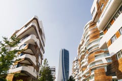Modern architecture design with white and wooden materials in construction. Milan, Italy. royalty free stock photos Modern architecture design with white and wooden materials in construction. Milan, Italy. royalty free stock photos