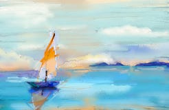 Modern Art Oil Paintings With Boat, Sail On Sea. Abstract Contemporary Art For Background Stock Photos