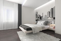 Modern bedroom interior with dark curtains