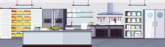 Modern commercial restaurant kitchen interior with healthy food fruits and vegetables cooking and culinary concept empty stock illustration Modern commercial restaurant kitchen interior with healthy food fruits and vegetables cooking and culinary concept empty stock illustration