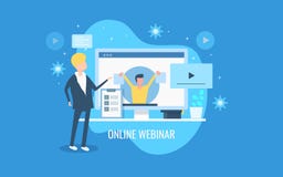 Online webinar, video conference, online video event management, business demonstration on video channel. Flat design banner. vector illustration Online webinar, video conference, online video event management, business demonstration on video channel. Flat design banner. vector illustration