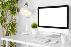 Modern Creative Designer Workplace With Desk Computer On White Table Stock Photos Modern Creative Designer Workplace With Desk Computer On White Table Stock Photos