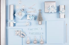 Modern elegance design for christmas decorations and gift boxes in pastel blue and silver metallic color with glitter ribbons. stock photography Modern elegance design for christmas decorations and gift boxes in pastel blue and silver metallic color with glitter ribbons. stock photography