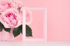 Modern fashion Valentine days background - blank frame for advertising and rich pink roses on white wood board, copy space. stock photo Modern fashion Valentine days background - blank frame for advertising and rich pink roses on white wood board, copy space. stock photo