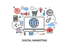 Modern flat thin line design vector illustration, concept of digital marketing, internet marketing idea and new market trends anal