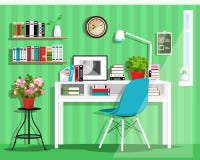 Modern graphic home office interior design. Flat style vector set: desk, chair, lamp, shelves, clock, flowerpots. Stock Images Modern graphic home office interior design. Flat style vector set: desk, chair, lamp, shelves, clock, flowerpots. Stock Images