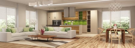 Modern house interior of living room and a kitchen in beige and green colors.
