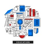 Modern illustration about education in outline flat style. Text books, office tools, random science stuff