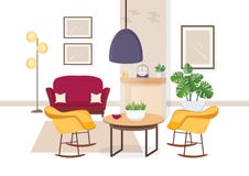 Modern interior of living room with comfy furniture and trendy home decorations - sofa, armchairs, carpet, coffee table vector illustration Modern interior of living room with comfy furniture and trendy home decorations - sofa, armchairs, carpet, coffee table vector illustration